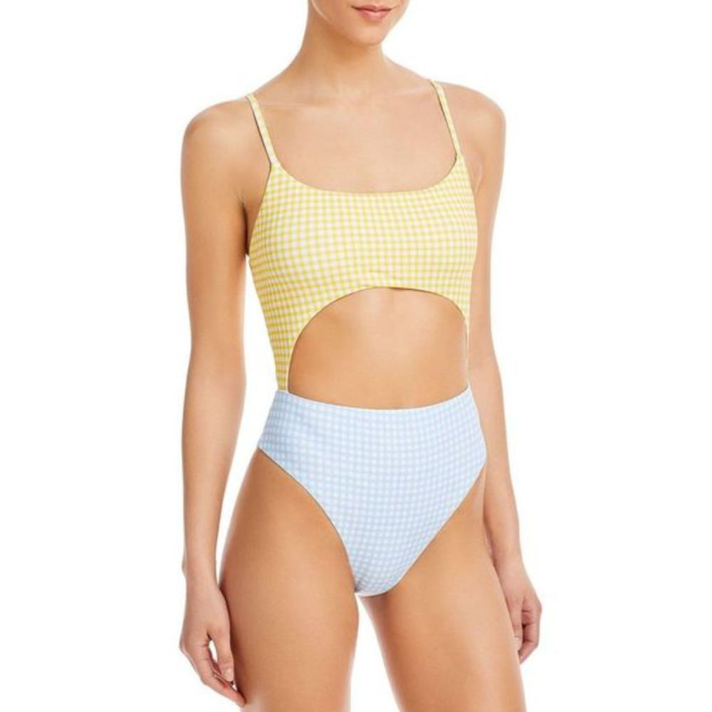 AQUA Pastel Checkered Cut Out One Piece Swimsuit